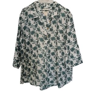 Cynthia Rowley 100% Linen White Green Floral 1/2 Button Blouse - Sz 3X